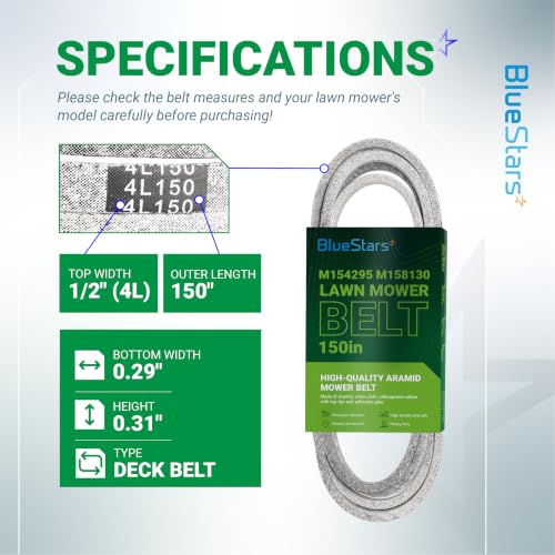Image of BlueStars M154295 M158130 Deck Belt Aramid Cord Belt 1 /2 inch x 150 inch | Deck Belt for J-Deere Z245 Z425 Z445 EzTrak Zero-Turn Mowers with 48 inch Mower Deck J-Deere D140 D155 D160 44-inch Snow Blower