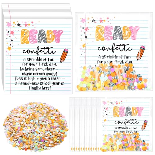 Arrowbash 35 Sets Back to School Ready Confetti First Day of School Multicolor Table Ready Confetti Kit with Cards and Cellophane Bags Classroom Teacher Gifts Party Favor Celebration Decorations