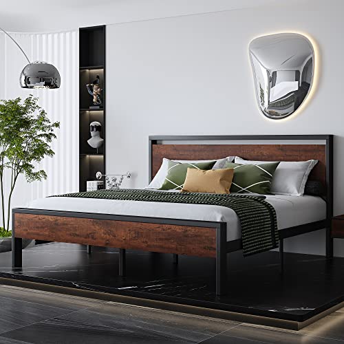 Weeway 14 Inch King Size Metal Platform Bed Frame, Wooden Headboard And Footboard, No Box Spring Needed, Large Under Bed Storage, Mattress Foundation, Noise Free, Mahogany #TOP9