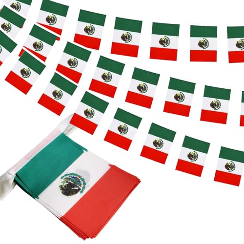 Image of Mexico Flags Mexican String Flag Banners for Patriotic Events Independence Day Sports Bars Inside Outside Decorations 33 Feet 30 Flags