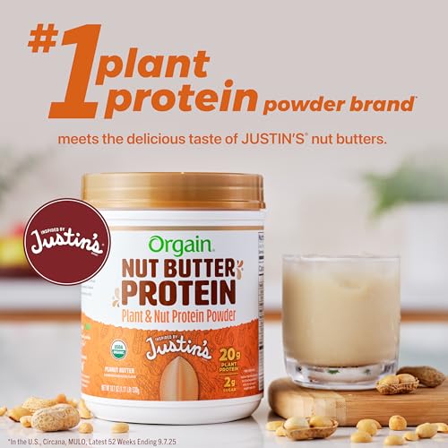 Image of Orgain X Justin's 20g Protein Powder, Peanut Butter, 1.17lb | Organic plant based nut butter protein, 2g sugar, gluten free, no dairy or soy ingredients, no artificial flavors