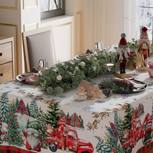 XCHI Christmas Gnomes Truck House Christmas Trees Tablecloth Rectangle Winter Table Coth Washable Table Covers for Indoor Dining Home Party Xmas Decorations 60x84 Inch – Image 4