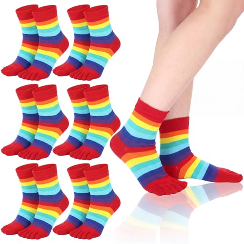 Image of SATINIOR 6 Pairs Rainbow Women Toe Socks Full Finger Socks Separated Cotton Stocking Colorful Stripe Stocking for Women Men