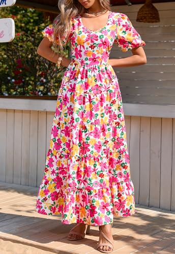 Image of PRETTYGARDEN Puff Short Sleeve Cewneck Floral Long Fall Dresses for Women 2025 Flowy Tiered Hem Maxi Wedding Guest Dress