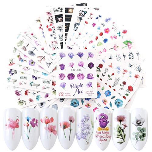 Nail Decals,Nail Stickers for Women Nail Tattoos Water Transfer Nail Art Stickers 24 Sheets Nail Stencils Decorations Accessories Rose Flower Stickers Set DIY Fingernail Decor Nail Art Supplies