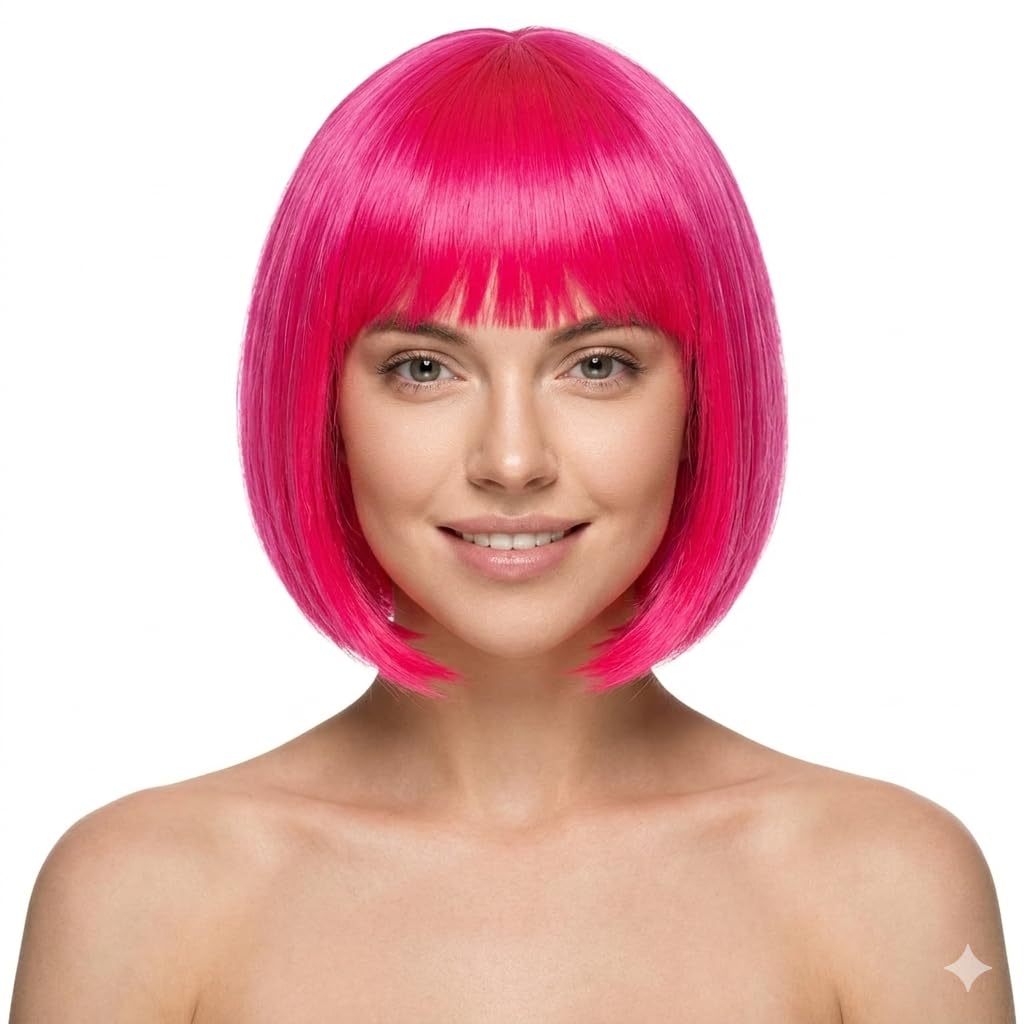 Hot Pink Bob Wig with Bangs for Women - 12” Short Colorful Synthetic Wig with Wig Caps, Glueless Neon Pink Costume Hair Wig for Bachelorette Party, Halloween, Cosplay & Rave