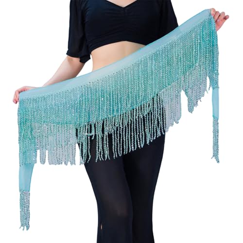 Écharpe de danse du ventre avec paillettes scintillantes et franges à pompons fluides