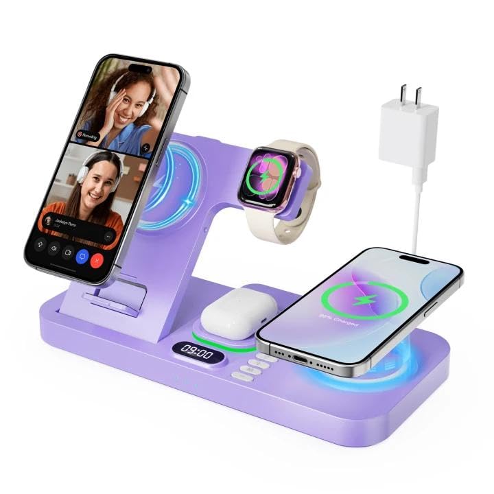 Image of Dual Phone Magnetic Wireless Charging Station for Apple Devices, 7-Color Auto Light & 12H Clock, Multi-Device Charger for iPhone 17 /16 /15, for iWatch 11 /10 /9 & AirPods Pro3(Purple