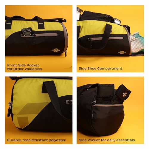 Image of Nivia Fuse Gym Duffle Bag for Men and Women, 25L Lightweight Training and Travel Bag with Shoe Compartment, Quick Access Pockets, and Adjustable Strap, Designed for Athletes, Travel (Black /Yellow)