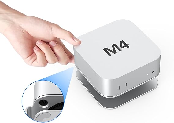 AKKYAJAURE Mac mini M4 Dock Stand, Aluminum Desktop Stand Mount for New Mac mini M4 and M4 Pro, Improved Cooling, Easy Power Button Access & Desk Organization Essential Mac mini M4 Accessories
