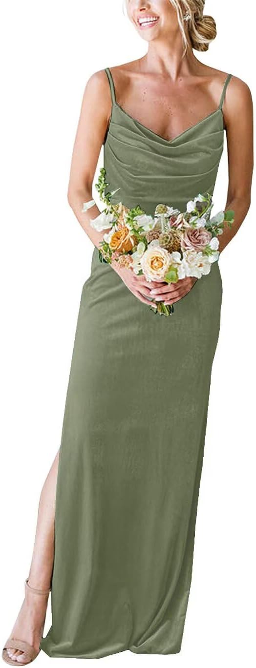 UZN Cowl Neck Velvet Bridesmaid Dresses Long for Women with Slit Spaghetti Straps Formal Party Gowns