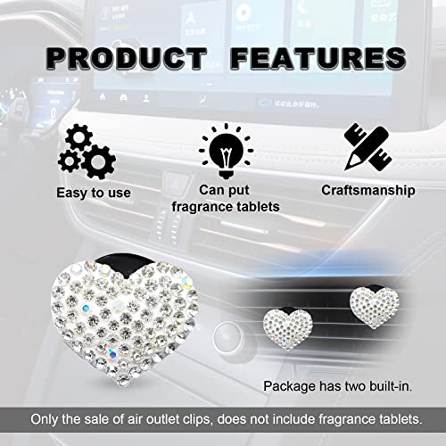 2Pcs Car Air Vent Clip, Bling Crystal Heart Charms Car Air Vent Clips, Car Air Conditioning Outlet Clip Decorative, Car Interior Decoration Accessories Universal For Women And Man (White) #TOP3