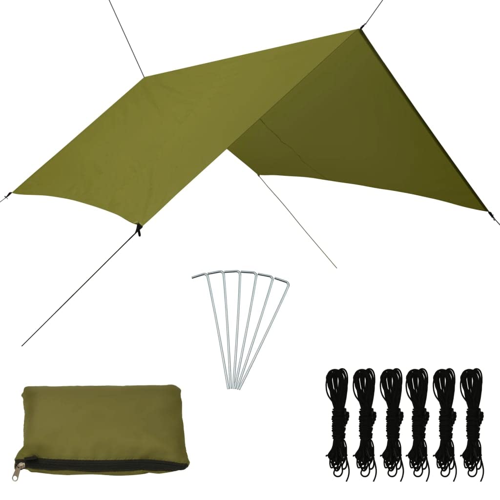 Outdoor-Tarp 3x2,85 m Grün, Mehrzweck Plane aus 180T Polyester mit PA-Beschichtung, Leichtes Zubehör für Camping und Hängematte, Inklusive 6 Heringe und 6 Abspannseile