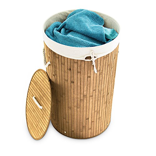 Relaxdays Cesto Portabiancheria, Rotondo, Pieghevole, 70 L di Volume, Coperchio e Sacco di Cotone, Ø 41 cm, Naturale