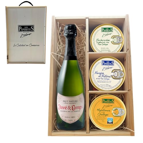 LOS PEPERETES Pack Gourmet Marisco Gallego con Cava Juve & Camps | x2 Berberechos al Natural · x2 Navajas al Natural · x2 Mejillones a la Gallega | Estuche Lote Delicatessen Premium Latas Conserva