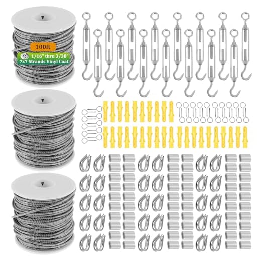 300ft 1/16" Wire Rope Kit Vinyl Coated Stainless Steel Wire M5 Turnbuckles for Outdoor String Light Hanging Kit, Clothesline Cable, Curtain Hanging (3set*100ft)