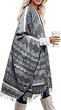 LittleMax Women's Open Front Boho Cardigan Oversized Knitted Shawl Wrap Cape Sweater Plaid Tassel Poncho (Grey-245, One-size)