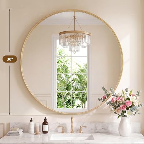 Image of NEWBULIG 30-Inch Round Wall Mirror, Bathroom Wall Circle Mirror with Metal Frame, Bathroom Decor for Entryway, Living Room, Vanity, Gold