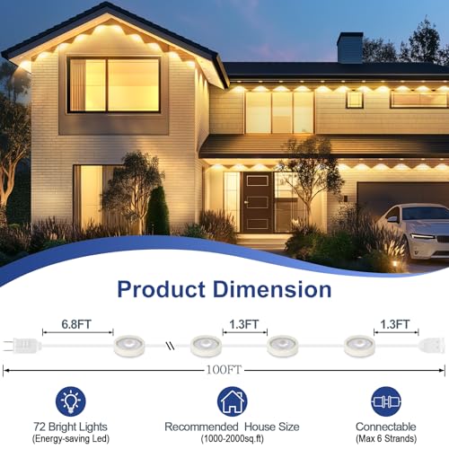 Brightever 100FT Dimmable Warm White Outdoor Lights - IP65 Waterproof LED Eaves Lighting for Gardens, Daily Use, and Christmas Decor