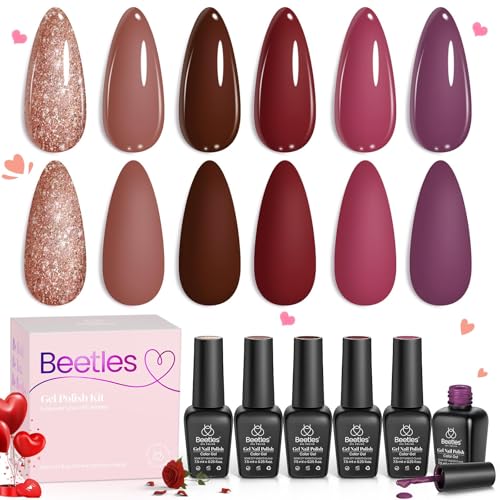 Beetles Gel Nail Polish Set Plum Burgundy Red Brown Glitter 6Pcs Gel Polish Kit Soak Off UV LED Nail Lamp Art Manicure Salon DIY Home Gifts for Women Silent Flower