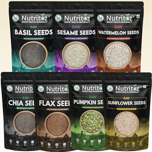 Image of Nutritoz Mix Super Seeds Combo 1.4 Kg Pack Of 7 | Weight Loss with Omega-3 (200g Each) Chia Brown Flax Pumpkin Sunflower Basil Sesame Watermelon (7 X 200 g)