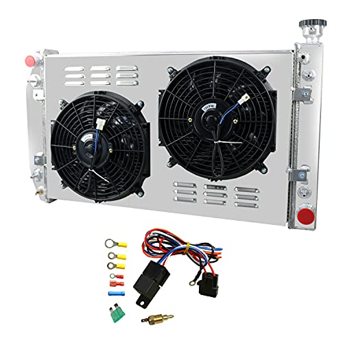 OzCoolingParts 3 Row Core Aluminum Radiator + 2 x 12  Fan w Louver Shroud + Thermostat Relay Wire Kit for 1988-1999 Chevy GMC C K P R V Series 1500 2500 3500 Pickup Suburban Blazer 4.3 5.0 5.7, V8