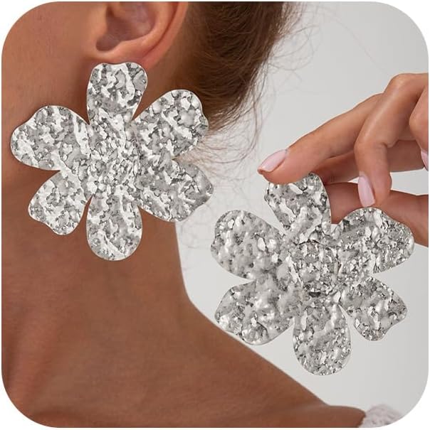 Stylish Gold Hammered Metal Petal Flower Earrings for Women Dainty Statement Silver Floral Flowers Drop Stud Earring Punk Party Holiday Prom Jewelry Gift