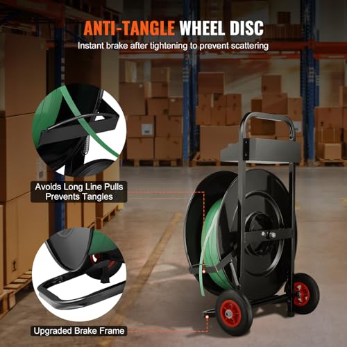Image of VEVOR Banding Strapping Cart, for PET /PP /Fiber Strapping Coils with 8 inch or 16 inch Core Size, Heavy Duty Strapping Dispenser, Equipped with Anti-Retreat Pulleys, Upgrade Brake System, Spacious Tray