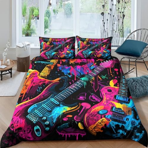 Parure de lit guitare graffiti néon en microfibre pour lit simple - 4