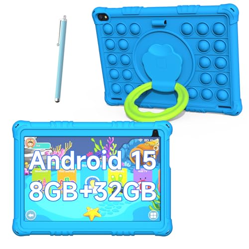 Android 15 Kids Tablet, 10 inch Tablets for Kids, 8GB RAM 32GB ROM 1TB Expand, Toddler Tablet with Parental Control, IPS Screen, Dual Camera, Educational, Games, Shockproof Case for Boys, Blue