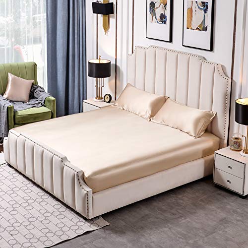Thxsilk Fitted Sheet Set 3Pcs, Fitted Sheet With 16 Inch Deep Pocket, Two Silk Pillowcases, 100% 25Momme Silk, Ultra Durable And Soft - Champagne, Twin #TOP1