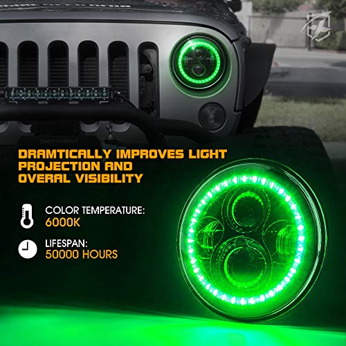 Image of 90W LED Headlights w /Green Halo Angel Eyes for 1997-2018 Wrangler JK TJ LJ