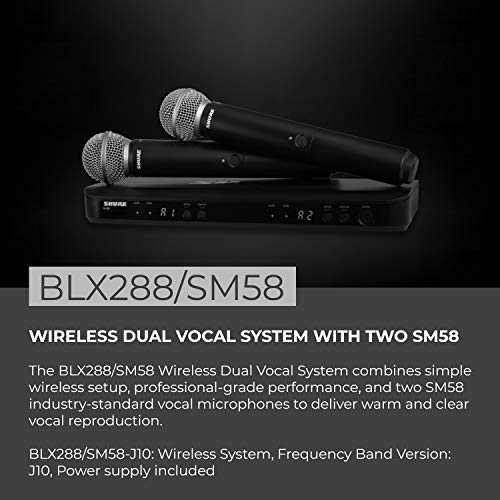 Image of Shure BLX288 /SM58 UHF Wireless Microphone System - Perfect for Church, Karaoke, Vocals - 14-Hour Battery Life, 300 ft Range | Includes (2) SM58 Handheld Vocal Mics, Dual Channel Receiver | J10 Band