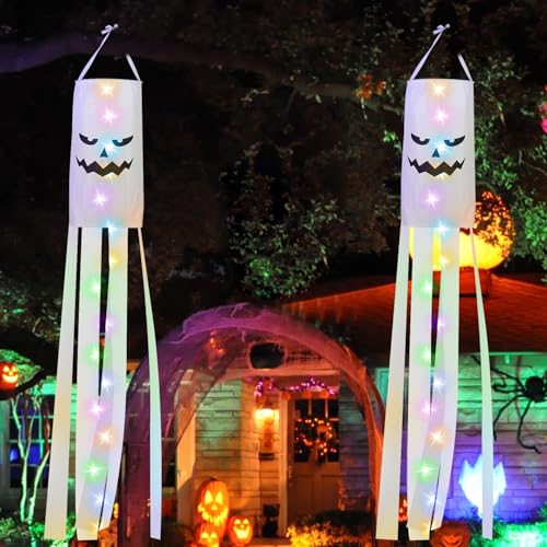 OWill 180 CM Halloween Windsock Flag 2 Pack Hanging Ghost Halloween Windsocks with Colorful LED Light, Halloween Decoration Hanging Spooky Flag for Front Garden Yard Patio Party Décor