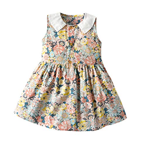 jkhhi Toddler Little Girls Bohemian Small Floral Print Sleeveless Princess Dress Casual Lapel Elastic Waist Short Dress(Yellow,2-3T)