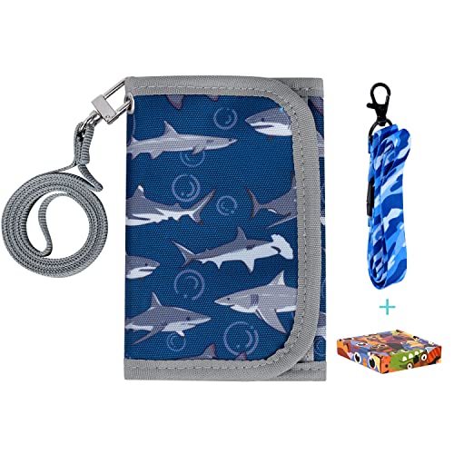 Choco Mocha Kids Wallets For Boys 3-5 6-8 Shark Velcro Wallet With Zippered Coin Pocket Card Holders, Little Boys Toy Wallets For Kids Travel Wallets With Lanyard Gift Box, Christmas Gift For Kids, Blue #TOP15