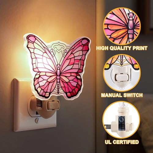 Image of Pink Butterfly Night Light - Stained Glass Styled Plug-in Wall Light for Vertical Outlets - Real Glass, Warm Glow for Bedroom, Bathroom, Hallway - Gift for Butterfly Lovers