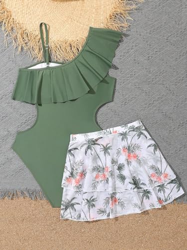 WDIRARA Girl's 2 Piece Swimsuit Asymmetrical Ruffle One Piece with Tropical Print Cover Up Skirt2
