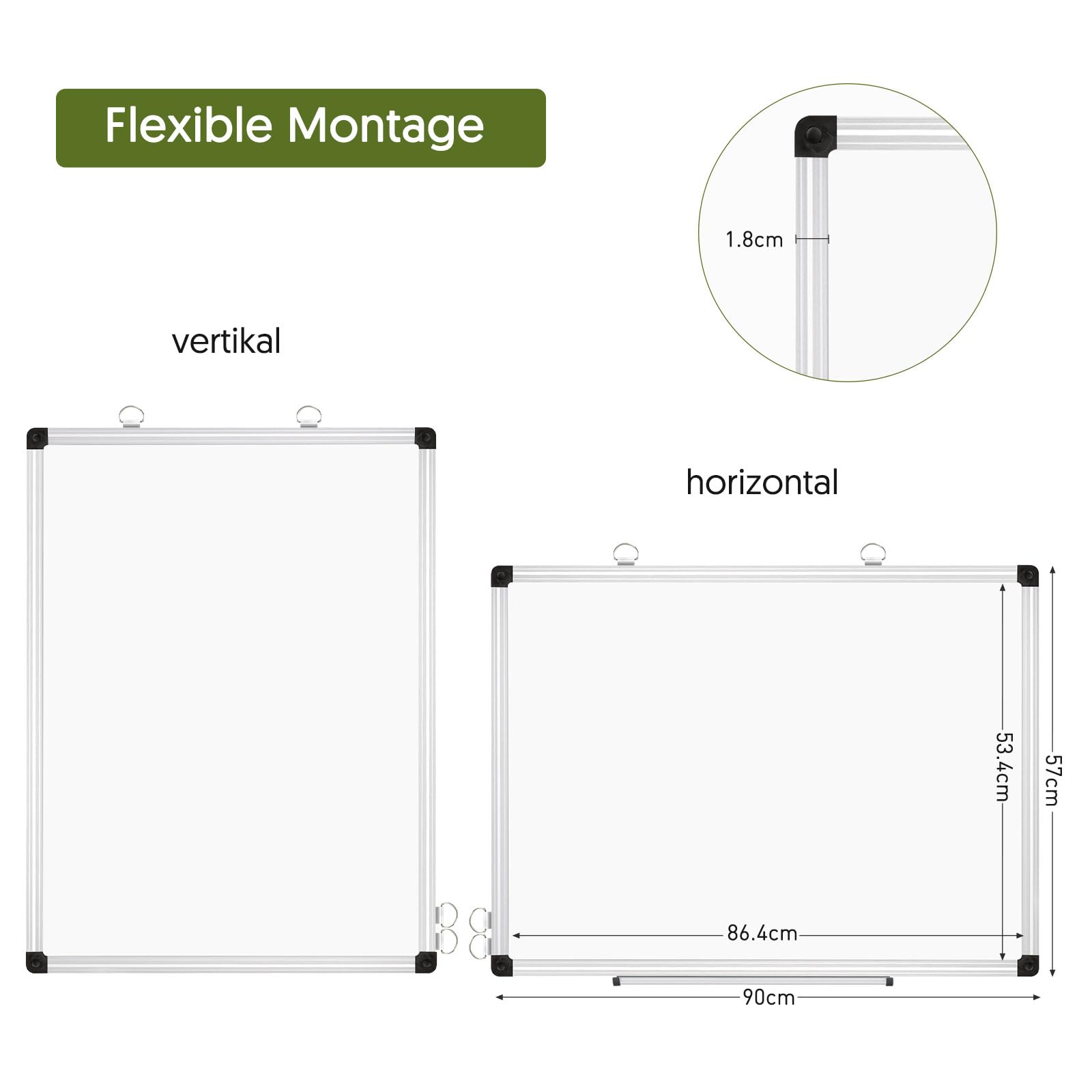 DOLLAR BOSS Tableau blanc magnétique mural double face 90x60 cm | Tableau d'affichage magnétique avec cadre en aluminium Pen Ray - Effaçable à sec - Pour cuisine, bureau et école