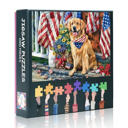 1000-Piece Jigsaw Puzzle for Adults - Golden Retriever Dog with American Flag & Flowers Art, Patriotic Pet Lover Challenging Puzzles, Premium Puzzle Board - 27.5x19.7 Inches