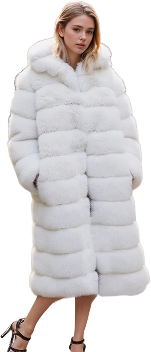 Lisa Colly Women's Winter Plus Size Parka Overcoat Long Sleeve Faux Fur Coat Jacket with Big Hooded Small White
