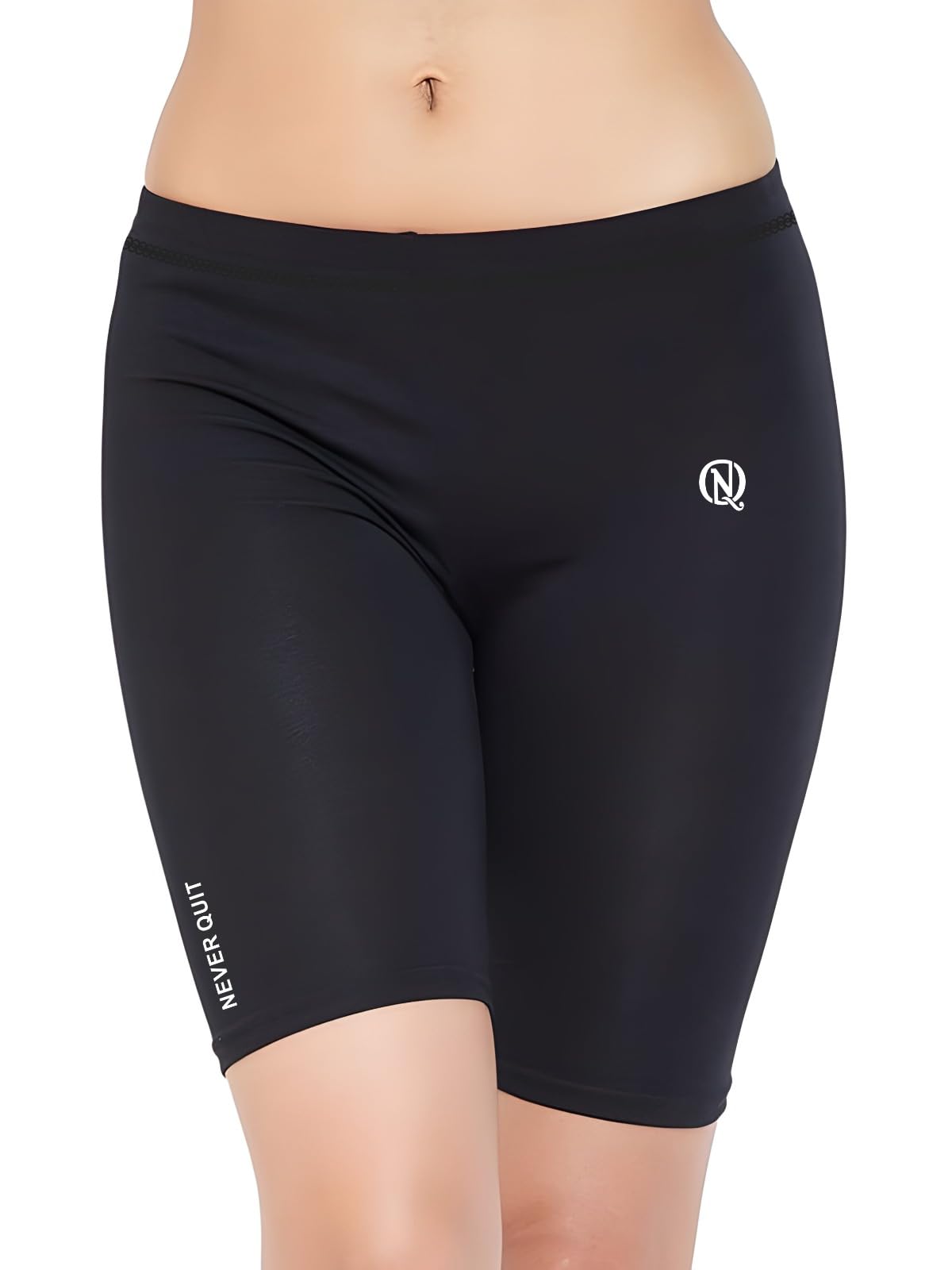 NEVER QUIT Women’s Mid-Rise Knee-Length Cycling Shorts | Polyester Stretch Workout Shorts for Yoga, Running, Gym & Fitness | Skin-Fit Activewear Black-image-25