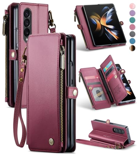 Defencase Z Fold 4 Case, for Galaxy Z Fold 4 Case with S Pen Holder, RFID Blocking for Samsung Galaxy Z Fold 4 Wallet Case for Women and Men with Card Holder Zipper Strap PU Leather Flip, Wine Red