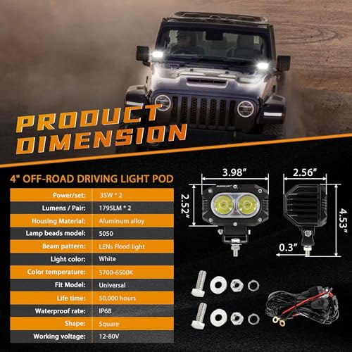 Image of Auxbeam 4In LED Offroad Light for Truck, 60W LED Driving Pod Lights Super Flood Beam 2Pcs Led Pods A-Pillars Bumper Offroad Lights Automotive Light Bar IP68 Waterproof for Jeep Motorcycle SUV Trucks