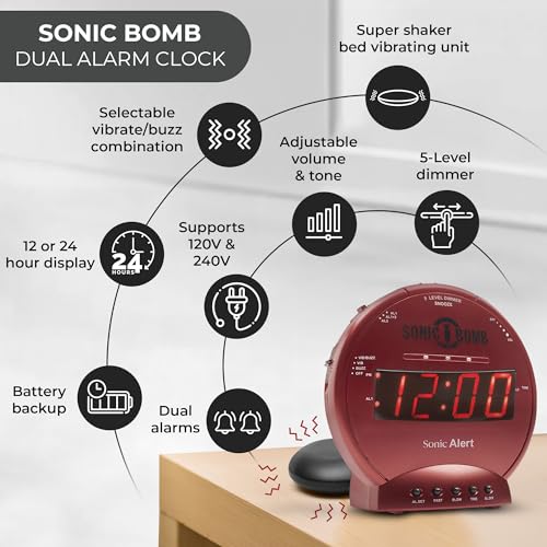 Image of Sonic Alert Sonic Bomb Dual Alarm Clock with Bed Shaker, Red Vibrating Alarm Clock Heavy Sleepers, Battery Backup | Wake with a Shake