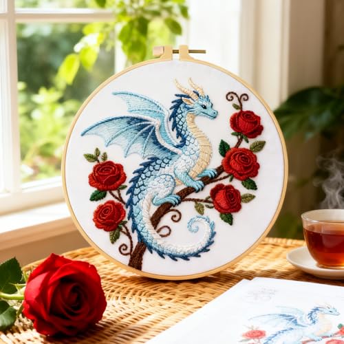 Image of BEUNITONE 6 Set Embroidery Kits for Beginners with Dragon Pre-Print Pattern | 7.9x7.9 inch DIY Craft Kits for Adults Include Embroidery Hoops and Instructions, Needlepoint Kits for Craft Lover and Home Decor