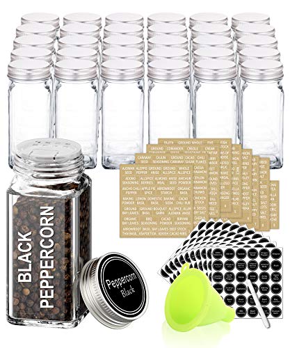 SWOMMOLY 30 Glass Spice Jars 4oz Square Spice Bottles with 703 Spice Labels, Empty Spice Containers with Pour sift Shaker Lid, Airtight Cap, Chalk Marker and Funnel Complete Set