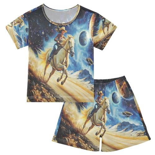 ALAZA Horse Planet Solar System Space Pajamas Set Short Sleeve Cotton Sleepwear Summer Pjs 2 Piece 5-14Y