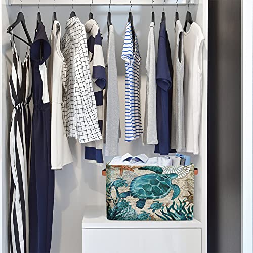 Image of Ocean Turtle Rectangular Storage Bin, Sea Turtle Storage Basket with Handles, Toy Bins, Laundry Hamper, Books Clothes Bag, Gift Baskets for Nursery Home Closet