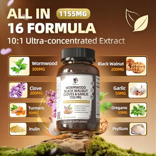 Image of Lukaree 16-in-1 Wormwood Black Walnut Clove Cleanse for Humans - Natural Gut Detox & Digestive Health with Pumpkin Seeds Garlic Oregano Turmeric, Liposomal Tech 98% Absorption, Vegan Capsules 1155mg